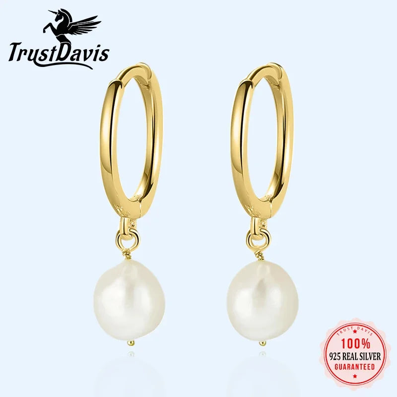 TrustDavis Real 925 Sterling Silver Earring Baroque Irregular Freshwater Pearls Hoop Earring For Women Wedding Jewelry DA2637