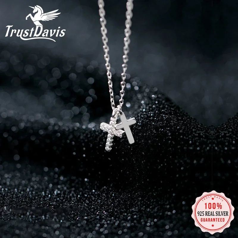 Trustdavis Real 925 Sterling Silver Fashion Double Cross CZ Pendant Short Clavicle Necklace For Women Wedding Fine Jewelry DA246