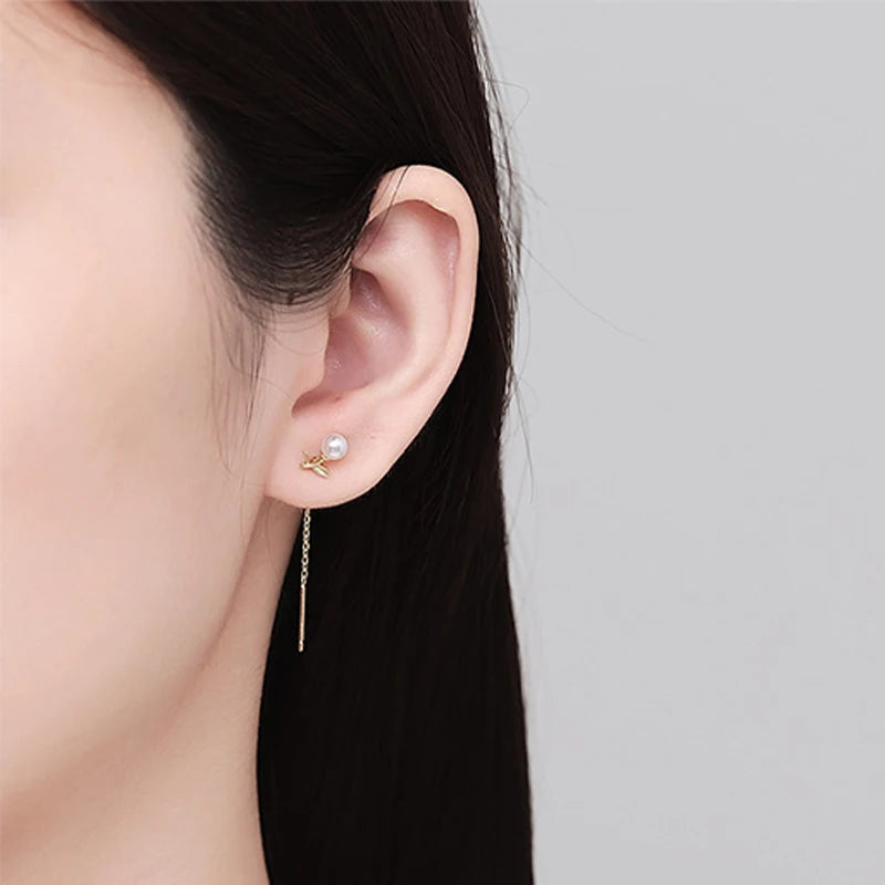 Trustdavis Genuine 925 Sterling Silver Fashion Romantic Leaf Pearl Tassel Ear Line for Women Fashion Silver 925 Jewelry DS4127