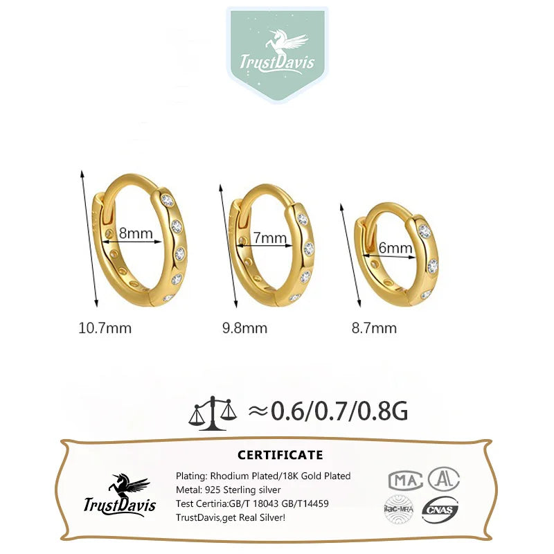TrustDavis Real 925 Sterling Silver Women's Fashion Simple Zirconia Hoop Earrings for Women Girls Gift Fine Jewelry DS4711