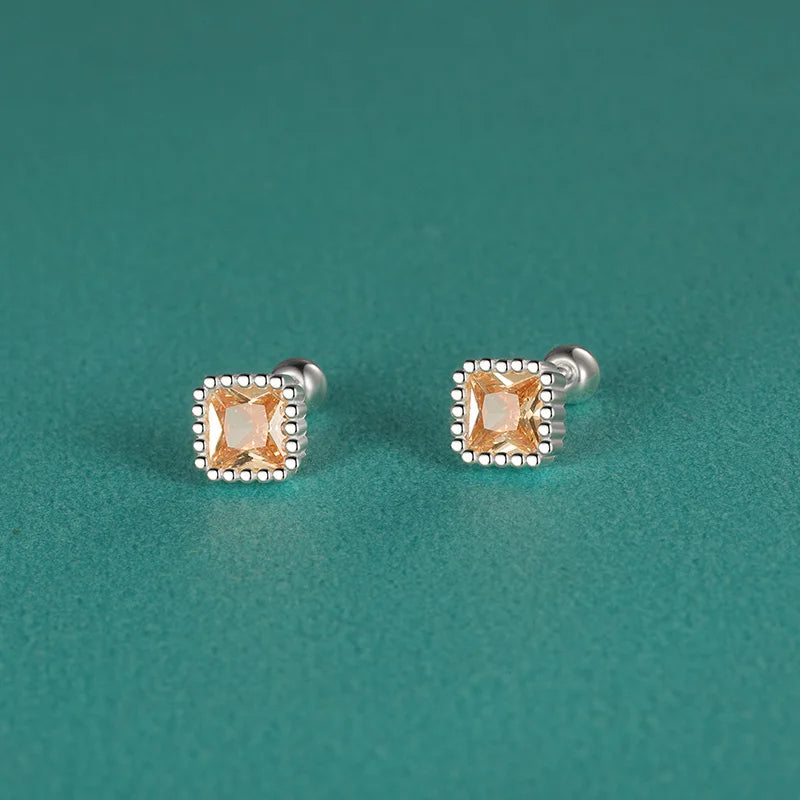 TrustDavis 100% 925 Sterling Silver Square Zircon CZ Screw Stud Earrings for Daughter Girls Fine Jewelry Gift DF2043