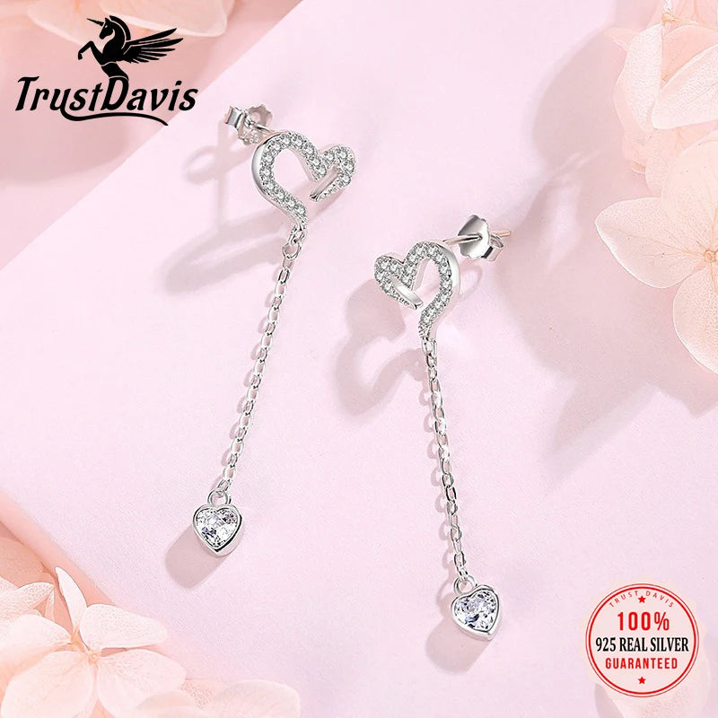 TrustDavis 925 Sterling Silver Women's Fashion Heart-shaped Asymmetric Zircon Drop Earrings for Women Girls Jewelry Gift DS4346