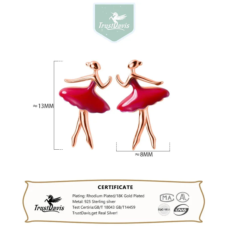 TrustDavis 925 Sterling Silver Color Glaze Ballet Dancer Stud Earrings For Women Wedding Party Valentine's Day Gift Jewelry DA38