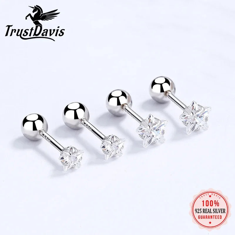 TrustDavis Real 925 Sterling Silver Fashion Sweet Star Shiny CZ Bead Screw Stud Earrings For Women Wedding Fine Jewelry DA2489