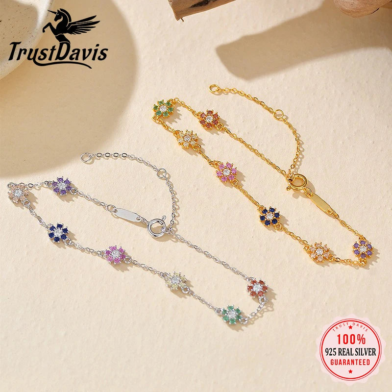 TrustDavis 925 Sterling Silver Women's Fashion Simple Colorful Flower Zircon Bracelet for Women Girls Jewelry Gift DS4451