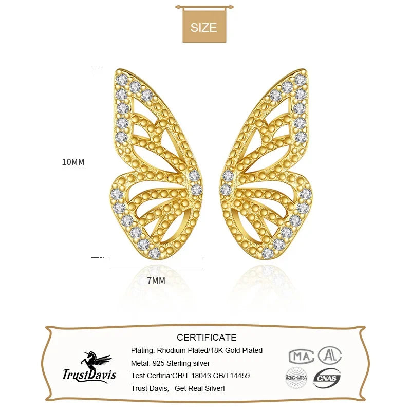 TrustDavis Real 925 Sterling Silver Fashion Insect Butterfly Shiny CZ Stud Earrings for Women Wedding Party Fine Jewelry DA2713