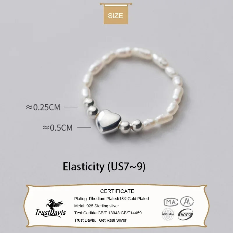 TrustDavis Real 925 Sterling Silver Sweet Pearl Heart Beads Elastic Rings For Women Party S925 Jewelry DA1308