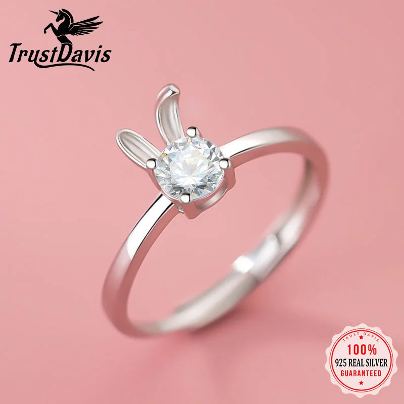 TrustDavis S925 Solid Sterling Silver Sweet Rabbit Cocktail Opening Ring for Women Grils Party Fine Jewelry Wholesale DS3839
