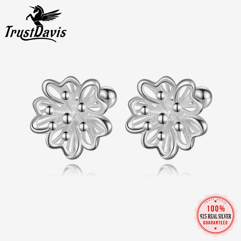 Trustdavis Girls Real 925 Sterling Silver Cute Openwork Flowers Stud Earrings Women Daughter Birthday Party Gift Jewelry DS4414