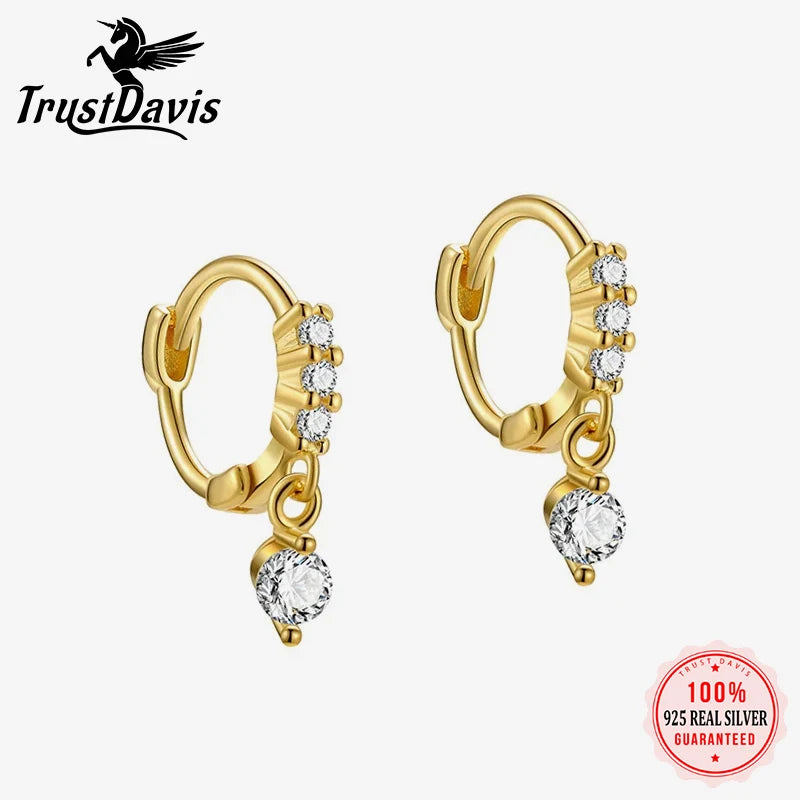 TrustDavis Fashion Geometric Hoop Earrings S925 Sterling Silver Drop Earrings Zircon Personality for Women Party Jewelry L458