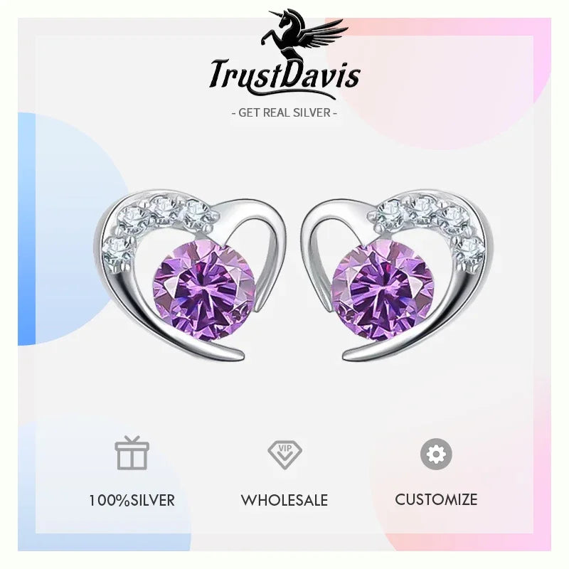 Trustdavis Genuine 925 Sterling Silver Sweet Trendy Romantic Elegant Heart CZ Stud Earrings for Women Wedding Jewelry DS4053