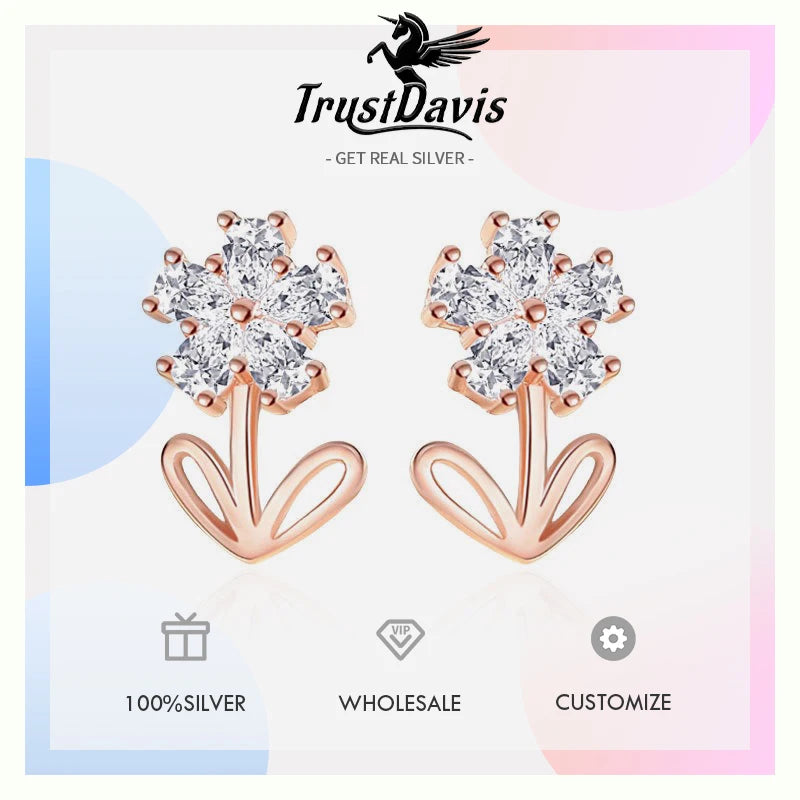 TrustDavis 925 Sterling Silver Women's Fashion Sweet Flower Zirconia Stud Earrings for Women Girls Jewelry Gift DS4294