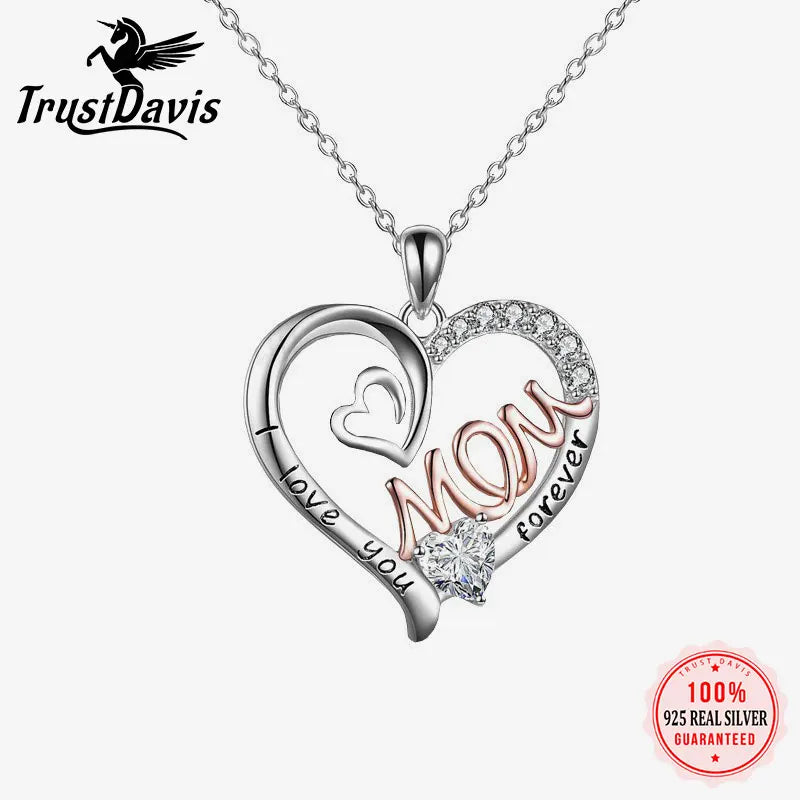 TrustDavis 925 Sterling Silver Heart-shaped Letters Mom with Diamond Necklace for Mother's Day Birthday Gift Jewelry DS4190