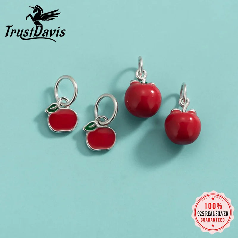 TrustDavis Real 925 Sterling Silver Fashion Red Apple Charm Pendant Handmade DIY Accessories Fine Jewelry Wholesale DZ1743