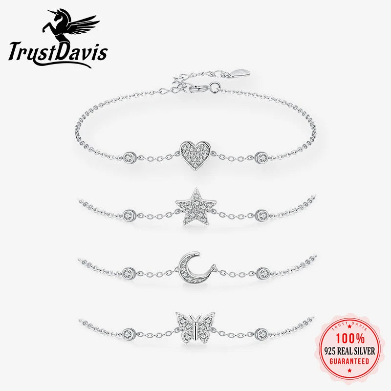 TrustDavis 925 Sterling Silver Women's Fashion Simple Heart/Star/Moon/Butterfly Bracelet for Women Girls Jewelry Gift DS4260