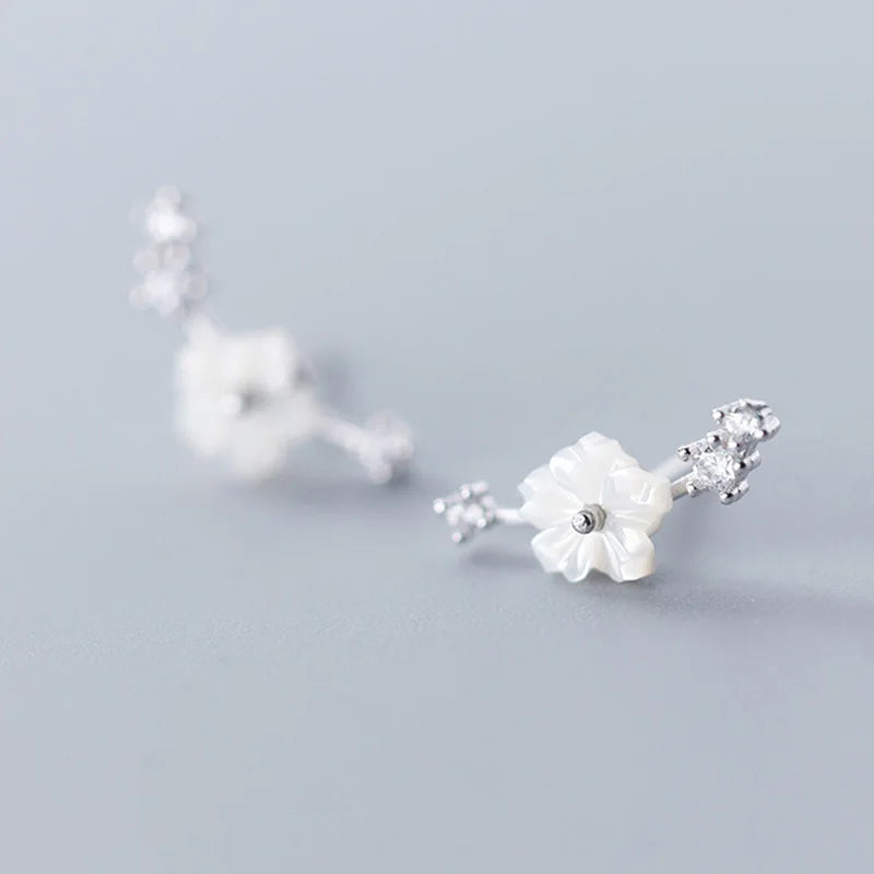 TrustDavis S925 Sterling Silver Fashion Sweet Shell Flower Shiny CZ Stud Earring For Women Wedding Party Birthday Present DS828