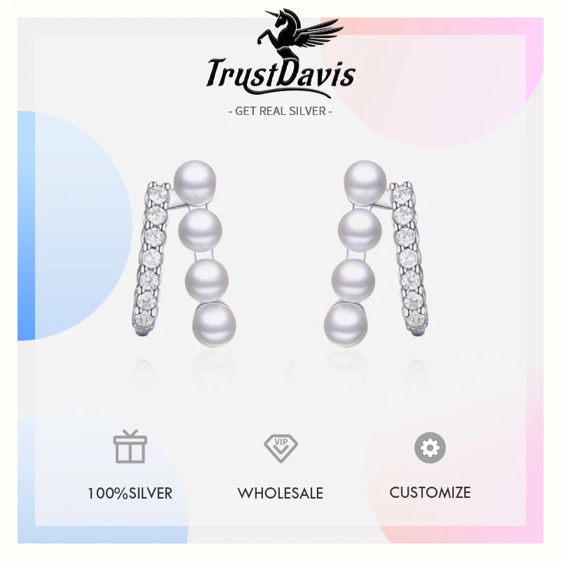 TrustDavis 925 Sterling Silver Women's Fashion and Simple Pearl Inlaid Zircon Earrings for Women Girls Jewelry Gift DS4264
