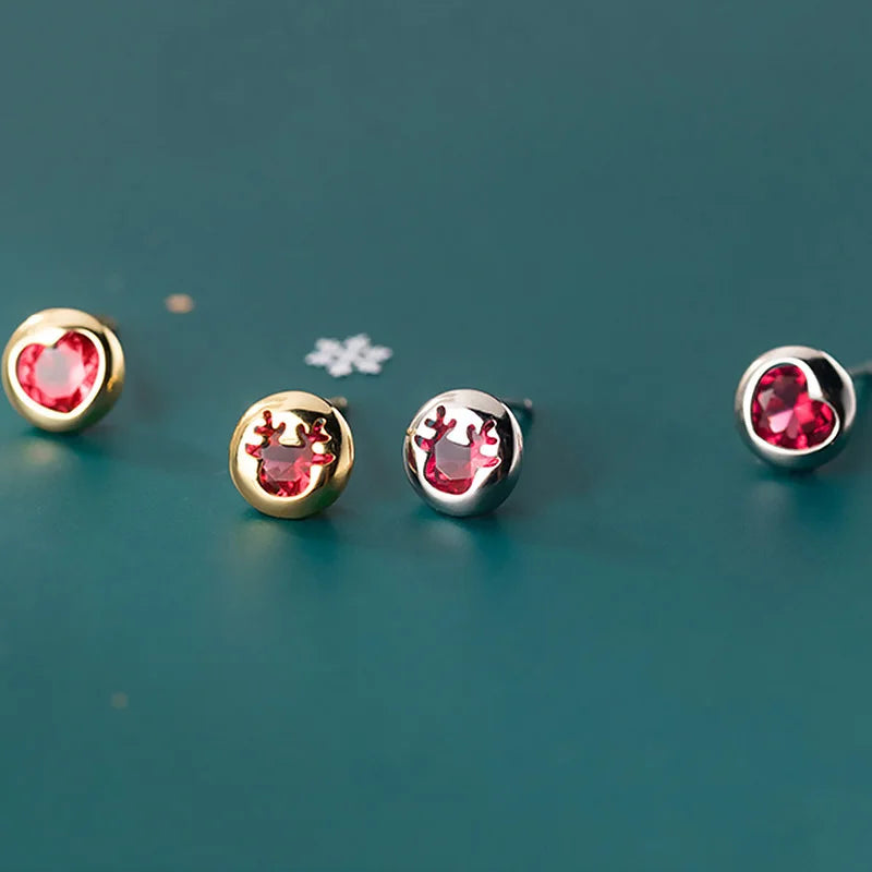 Round Heart Deer Red CZ Stud Earrings DA196
