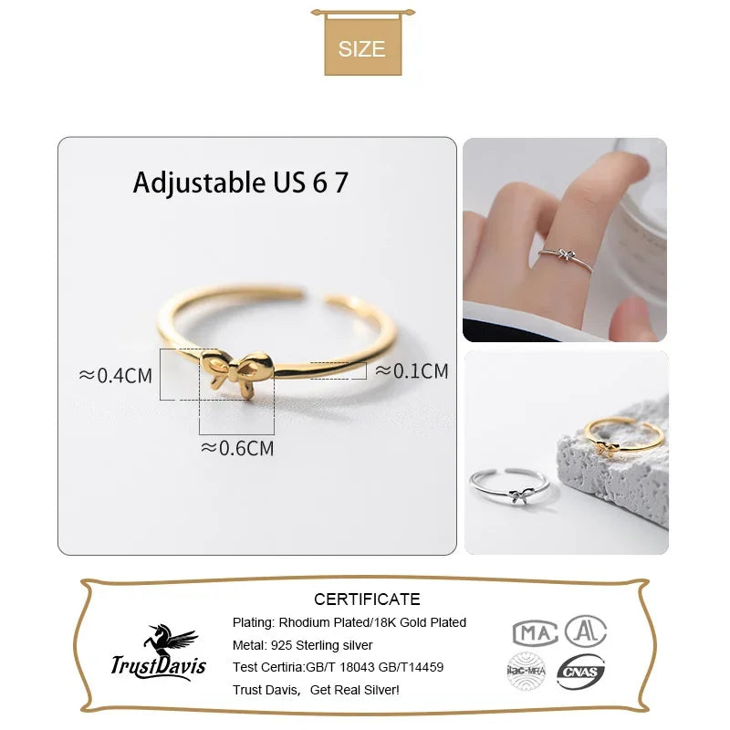 Trustdavis Real 925 Sterling Silver Rings Mini Bowknot Opening Rings For Women Wedding Party Fine Minimalist S925 Jewelry DA2795