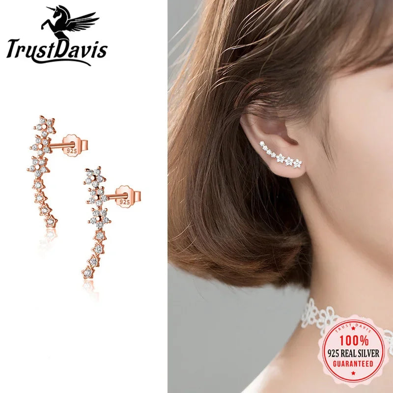 TrustDavis Real 925 Sterling Silver Fashion Sweet Star Dazzling CZ Stud Earrings For Women Wedding Fine Jewelry DA2390