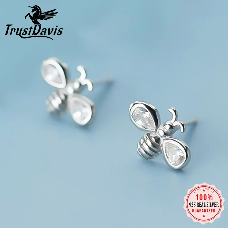 Trustdavis Genuine Fashion 925 Sterling Silver Little Animal Bee Dazzling CZ Stud Earring For Women Fine Jewelry Brincos DS2345
