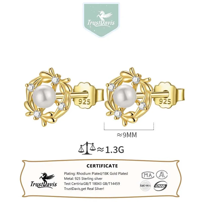 Trustdavis Girls 925 Sterling Silver Fashion Pearl Zircon Stud Earrings for Women Girls Wedding Party S925 Jewelry DS4560