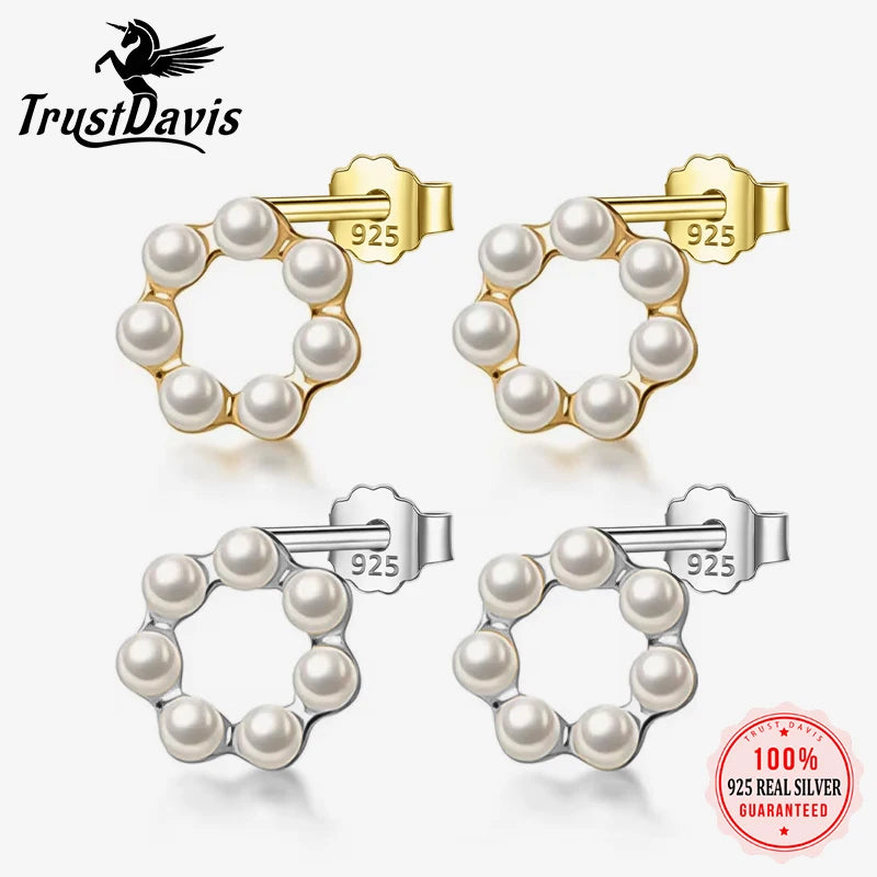 TrustDavis Real 925 Sterling Silver Fashion Hollow Flower Synthetic Pearl Stud Earrings For Women Wedding Party Jewelry DB376