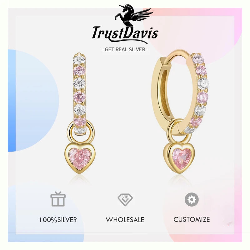 TrustDavis Real 925 Sterling Silver Fashion Simple Heart-shaped Earrings Zircon Love Earrings for Women Gift Jewelry DS4207