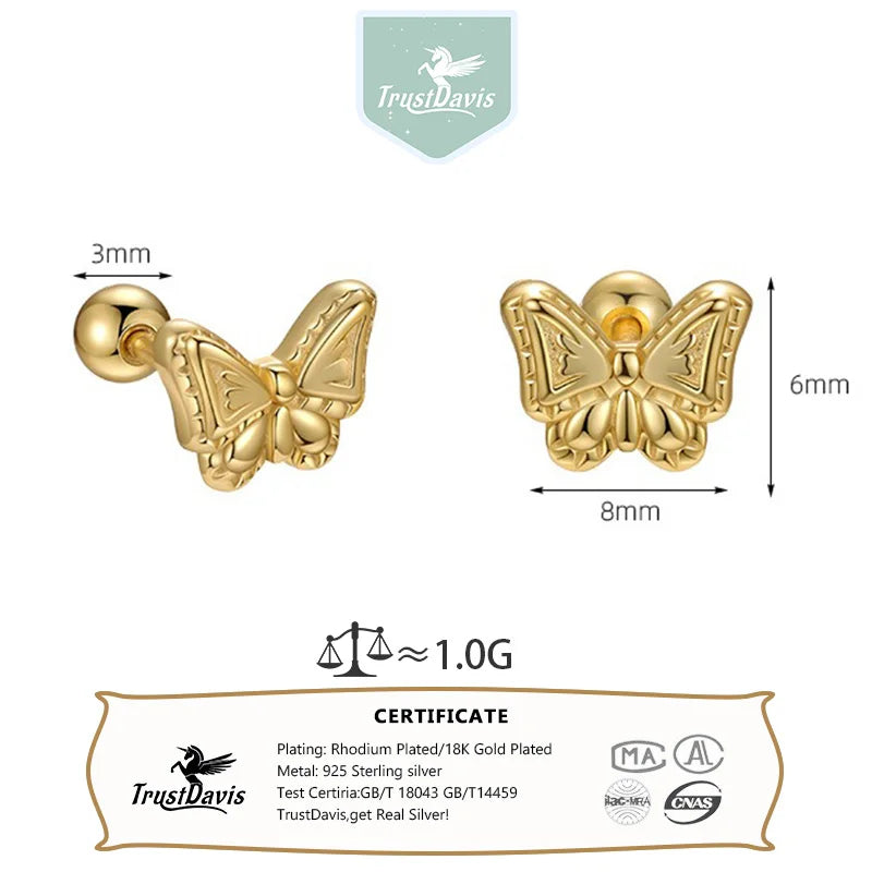 TrustDavis 925 Sterling Silver Women's Fashion Simple Smooth Butterfly Screw Earrings for Women Girls Jewelry Gift DS4301