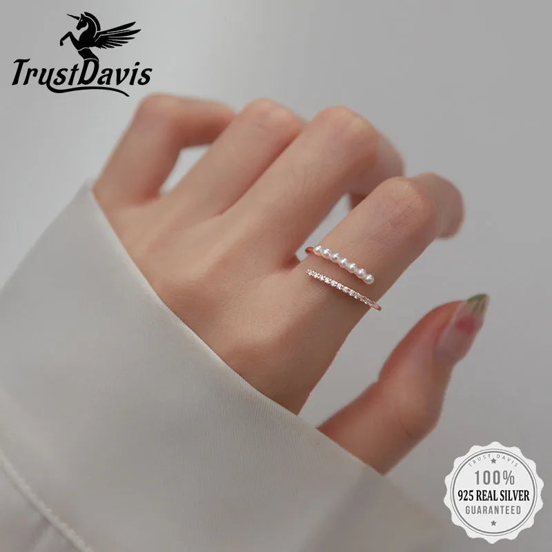 TrustDavis Real 925 Sterling Silver Sweet Freshwater Pearl Dazzling CZ Rings For Women Wedding Birthday Gift Fine Jewelry DE0011