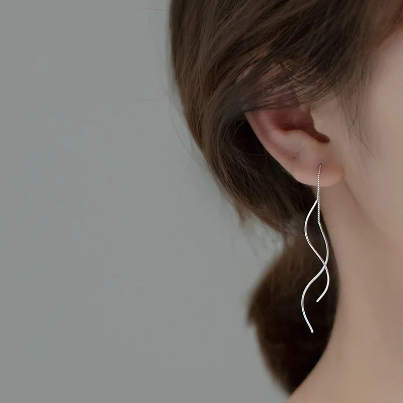 TrustDavis New Fashion 925 Sterling Silver Beads Waves Ear Line Dangle Earrings For Women Wedding Party Jewelry Gift DA940