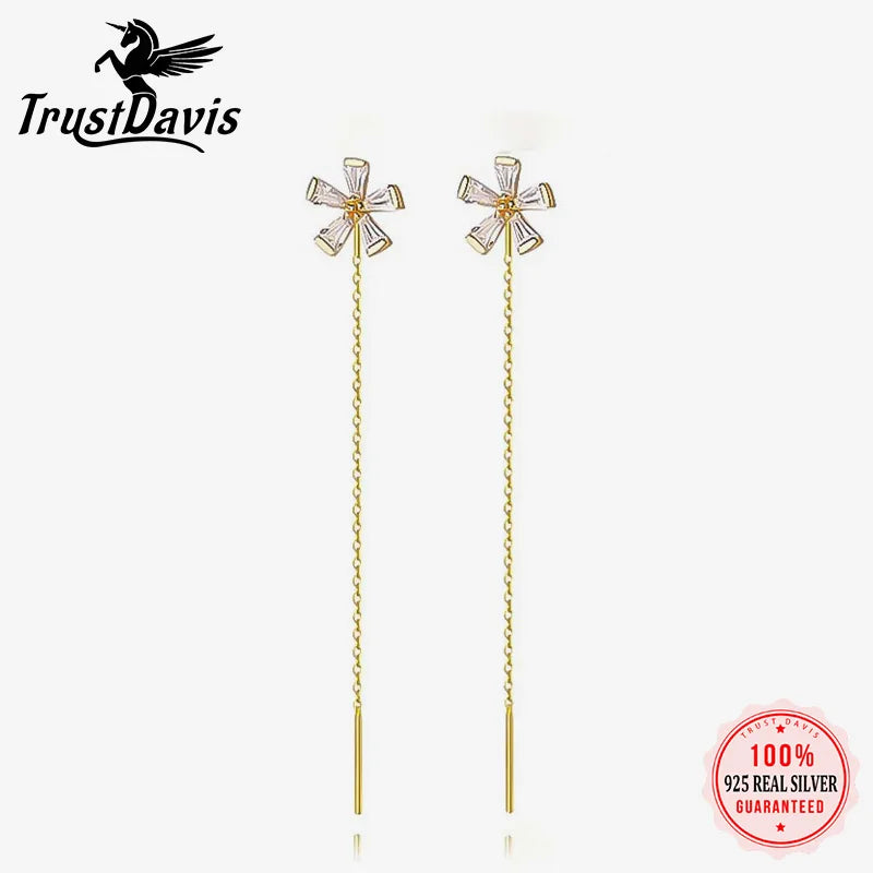 Trustdavis Real 925 Sterling Silver Stud Earring Romantic Flower Ear line For Women Creative Fashion Jewelry Gift DS4175