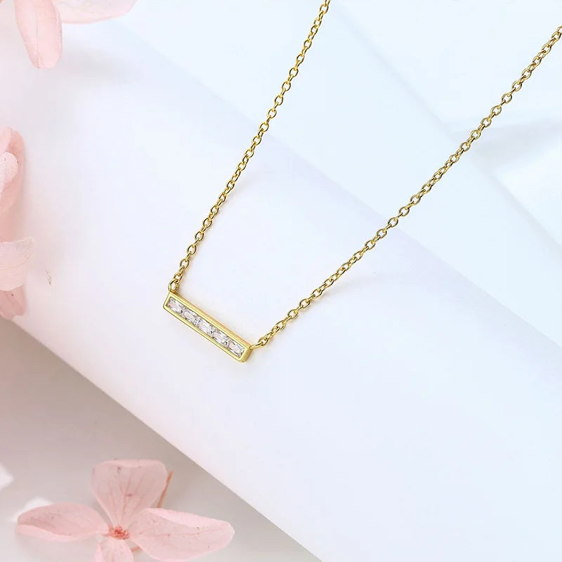 TrustDavis Real 925 Sterling Silver Women's Fashion Simple Square Bar with Zircon Necklace for Women Girls Gift Jewelry DS4234