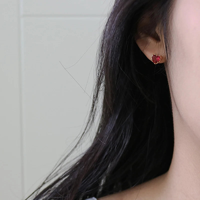 TrustDavis 925 Sterling Silver Fashion Women's Jewelry Romantic Red Heart With CZ Stud Earring Gift For Girls Kids Lady DB1236