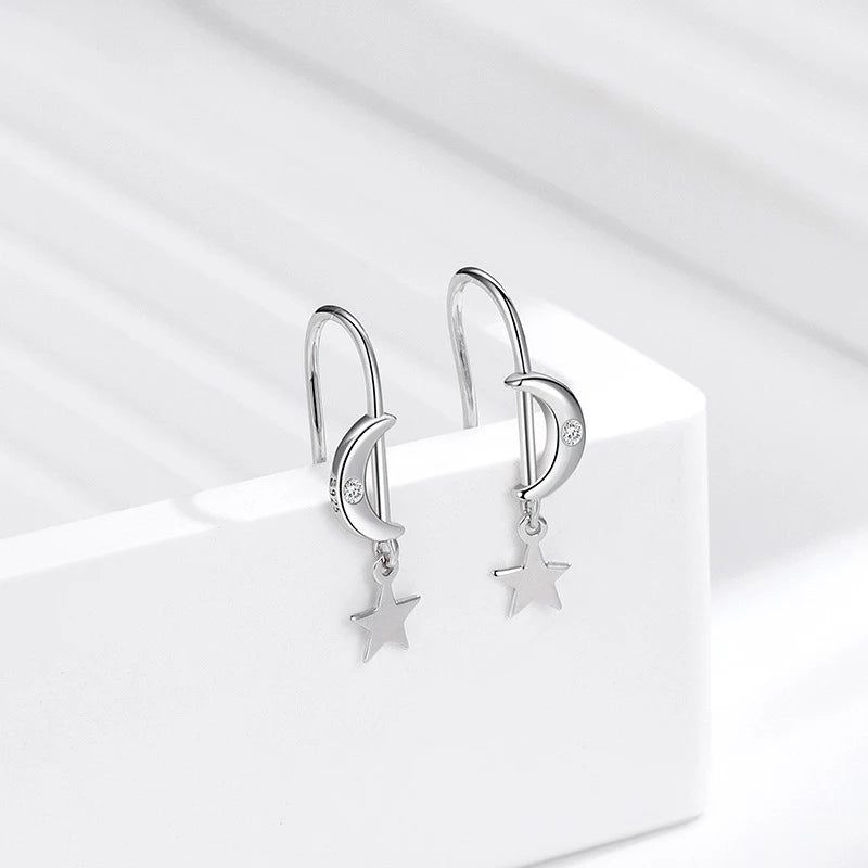 TrustDavis 925 Sterling Silver Women's Fashion Simple Star and Moon Tassel Earrings for Women Girls Jewelry Gift DS4267