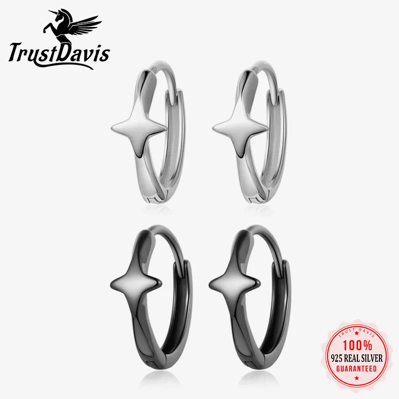 TrustDavis Real 925 Sterling Silver Fashion Simplicity Four Star Hoop Earring for Women Wedding Birthday Fine Jewelry DS4447