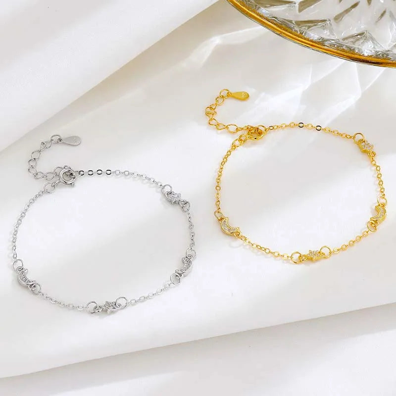 TrustDavis Genuine 925 Sterling Silver Fashion Trendy Star Moon Zircon Bracelet For Women Lady Girls Wedding Jewelry Gift DS4513