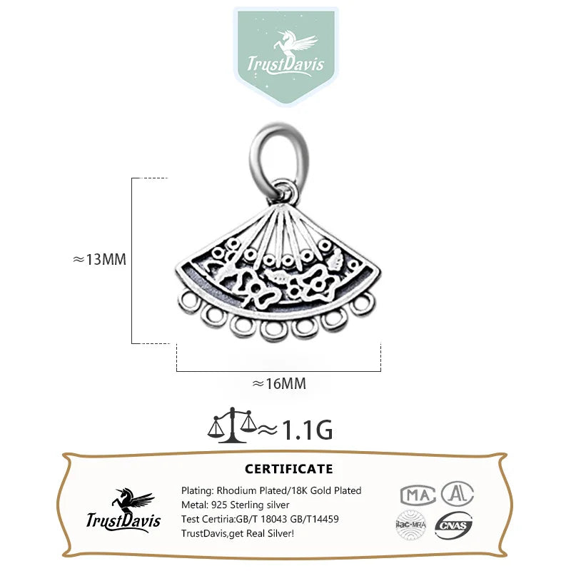 TrustDavis Real 925 Sterling Silver Fashion Hollow Sector Charm Pendant Handmade DIY Accessories Fine Jewelry Wholesale DZ1741