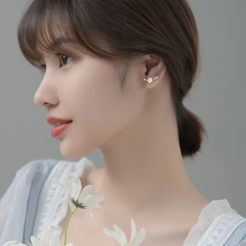 TrustDavis S925 Sterling Silver Fashion Sweet Shell Flower Shiny CZ Stud Earring For Women Wedding Party Birthday Present DS828