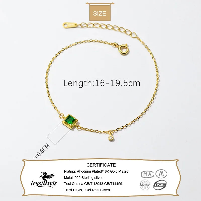Real 925 Sterling Silver Fashion 18K Gold Square Shiny Zircon Bracelet DG0106