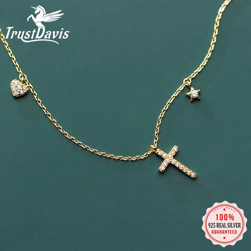 Dazzling CZ Cross Heart Star Pendant Short Necklace DS2485