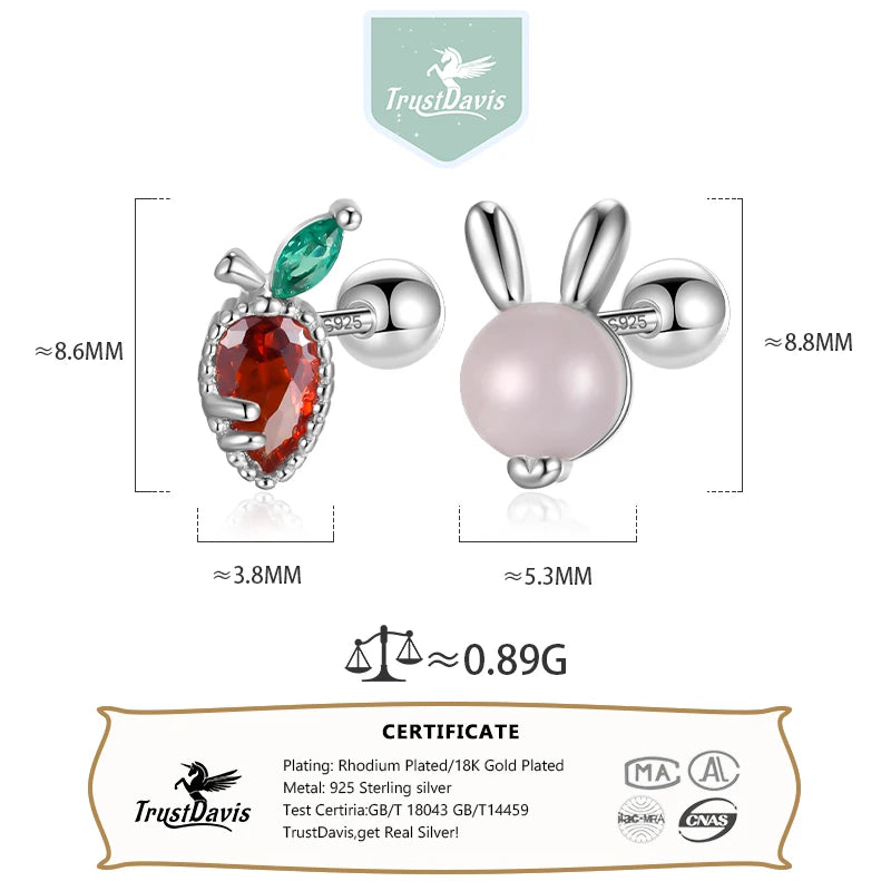 TrustDavis Real 925 Sterling Silver Cute Carrot Rabbit Screw Stud Earrings For Women Young Daughter Birthday Party Gift DS4579