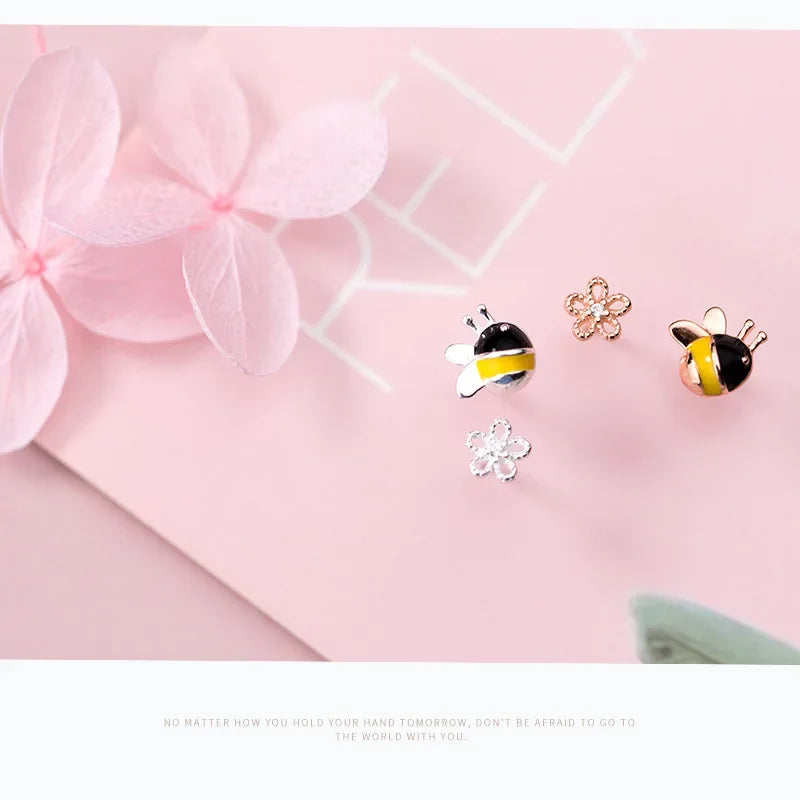 Asymmetrical Bee Flowers Stud Earrings DS734
