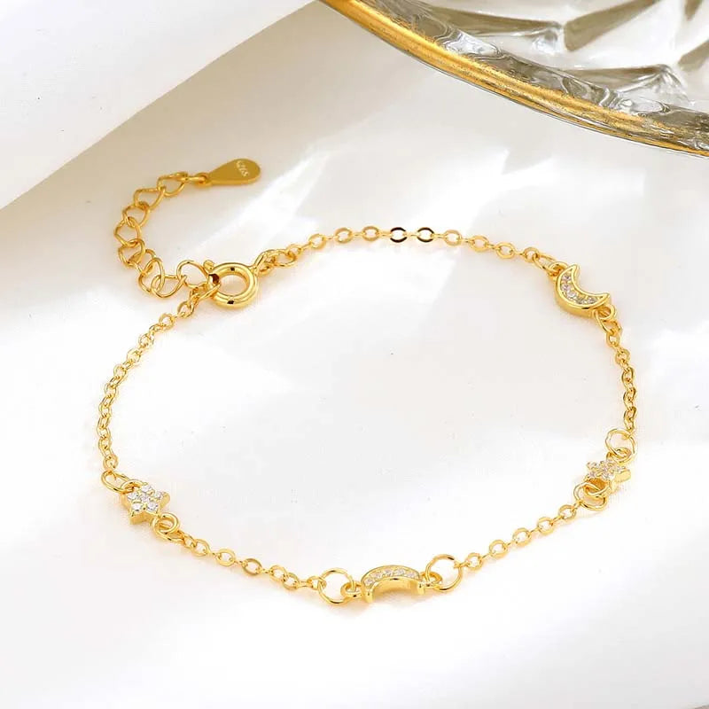 TrustDavis Genuine 925 Sterling Silver Fashion Trendy Star Moon Zircon Bracelet For Women Lady Girls Wedding Jewelry Gift DS4513