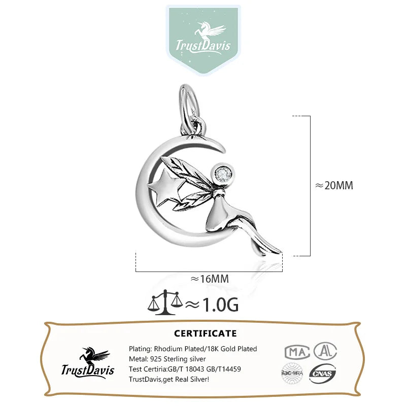 TrustDavis Real 925 Sterling Silver Retro Star Moon Fairy Charm Pendant Handmade DIY Accessories Fine Jewelry Wholesale DZ1735