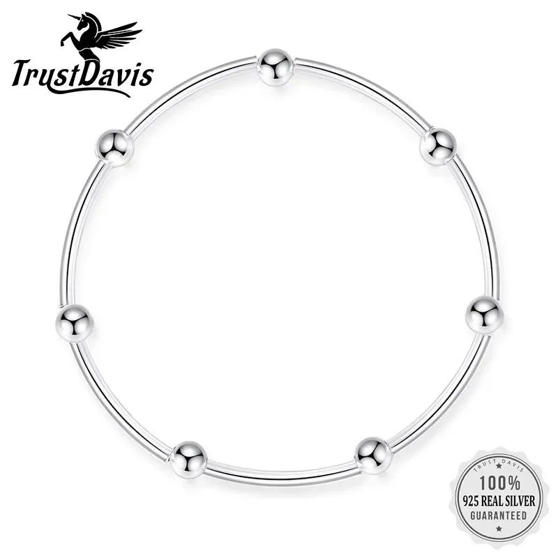 TrustDavis 100% 925 Sterling Silver Bracelet Linked Beads Elastic 925 Bangle Women Fashion Jewelry Gift For Girls Lady DS1406