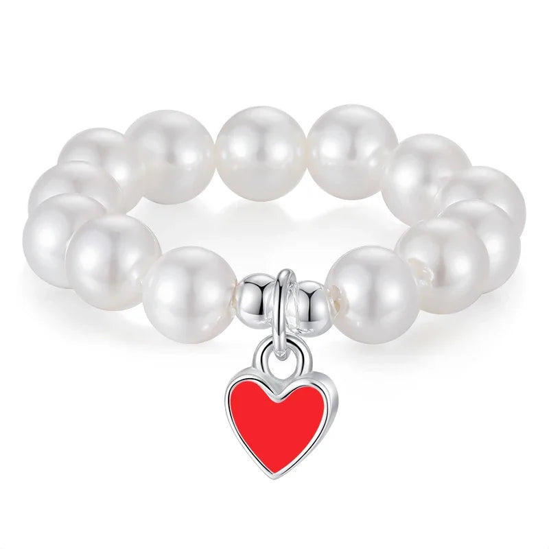 TrustDavis 925 Sterling Silver heart Synthesis pearl Opening Rings For Women Romantic Style Fine 925 Wholesale Jewelry DS3570