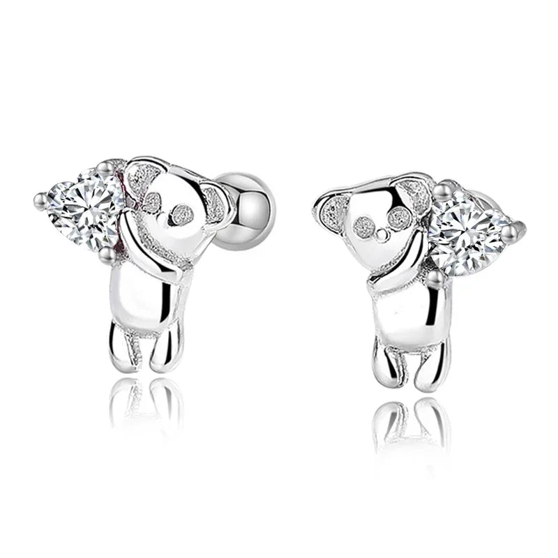 TrustDavis Real 925 Sterling Silver Fashion Sweet INS Animal Dog Bear Screw Stud Earrings For Women Party Fine Jewelry DG0024