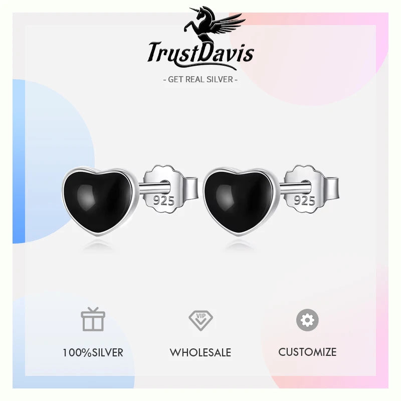 TrustDavis Real 925 Sterling Silver Black Star Square Heart Triangle Round Stud Earrings For Daughter Girls Birthday Gift DT14
