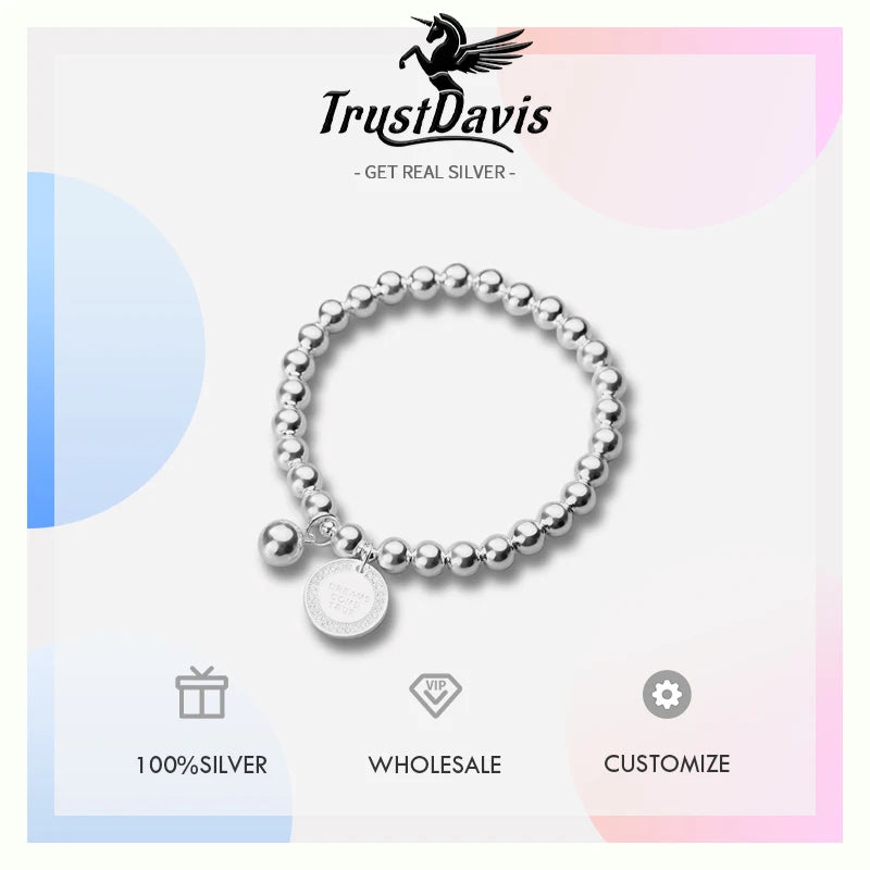 TrustDavis Real 925 Sterling Silver Fashion Sweet 6cm Beads Chain Coin CZ Bracelet Elastic For Women Mother's Day Jewelry DA2057
